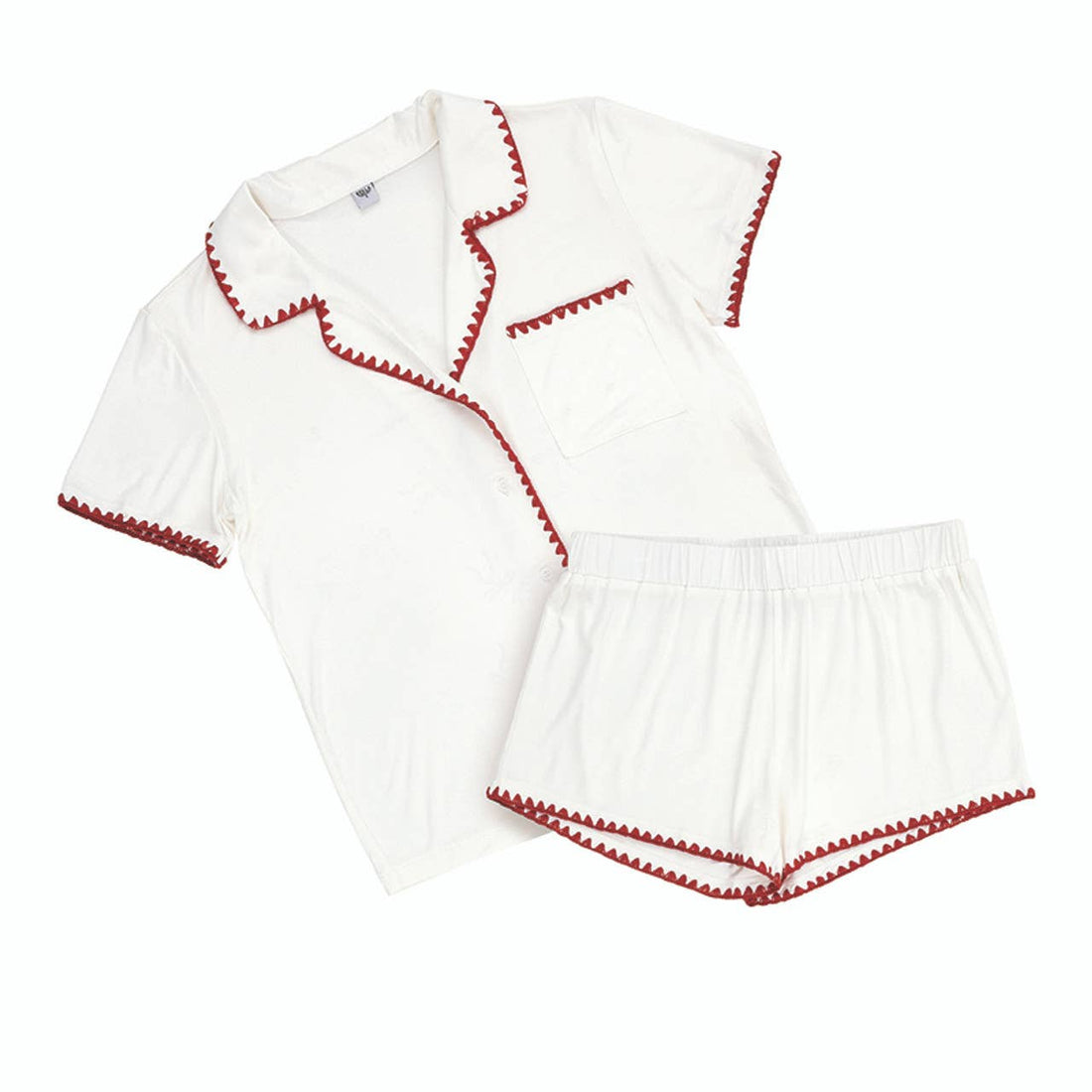 Bella Sleep + Spa - Short Bamboo PJ Set - White + Burgundy Whip Stitch