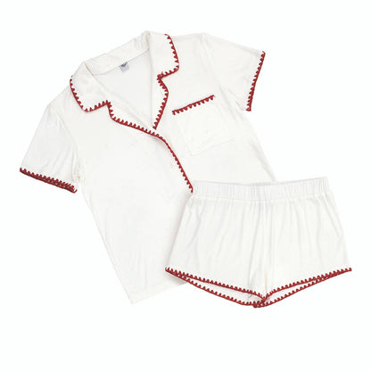 Bella Sleep + Spa - Short Bamboo PJ Set - White + Burgundy Whip Stitch