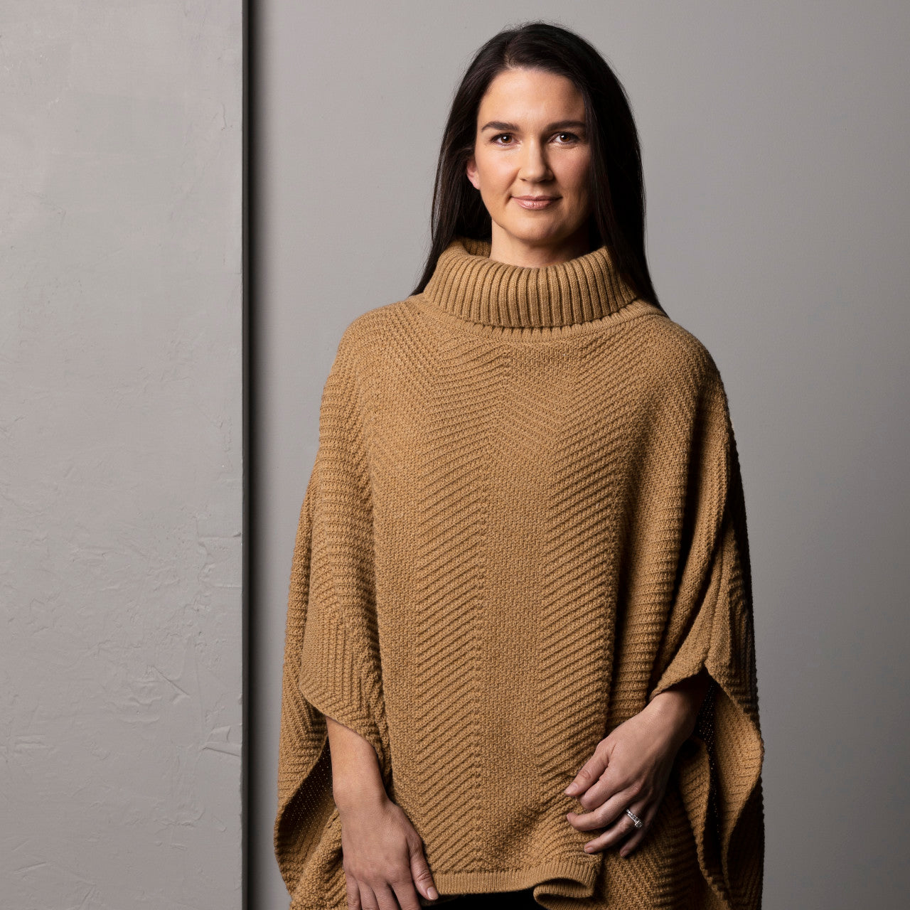 ZigZag Texture Cowl Neck Poncho - Camel