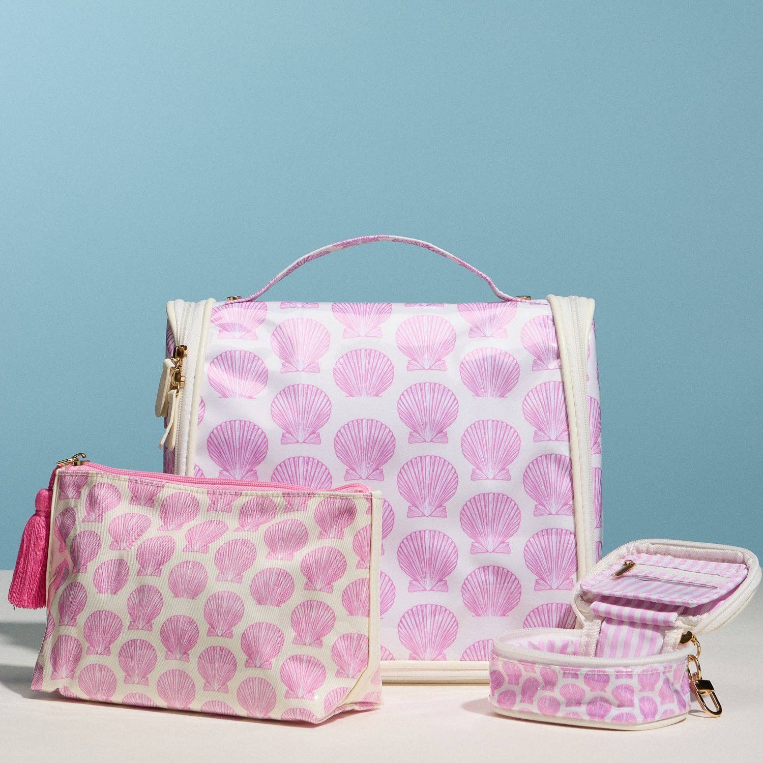 Frem - Pink Shell Mini Cosmetic Pouch with Clip – Quilted Zip Travel Coin &amp; Makeup Bag