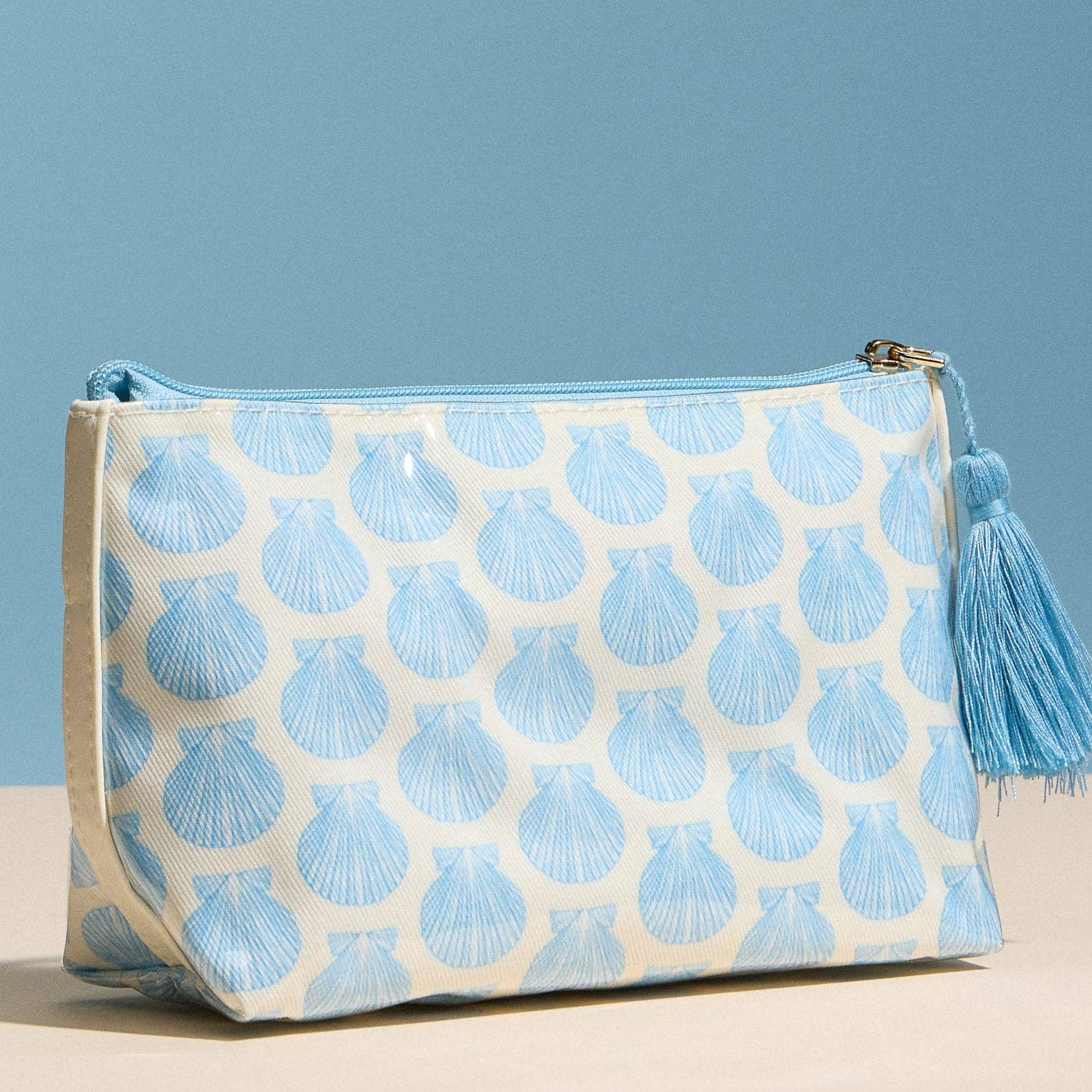 Frem - Blue Seashell Print Cosmetic Pouch – Zipper Makeup Bag with Tassel