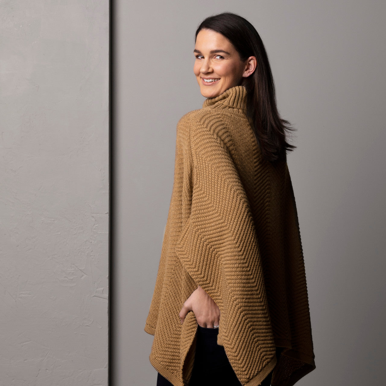 ZigZag Texture Cowl Neck Poncho - Camel